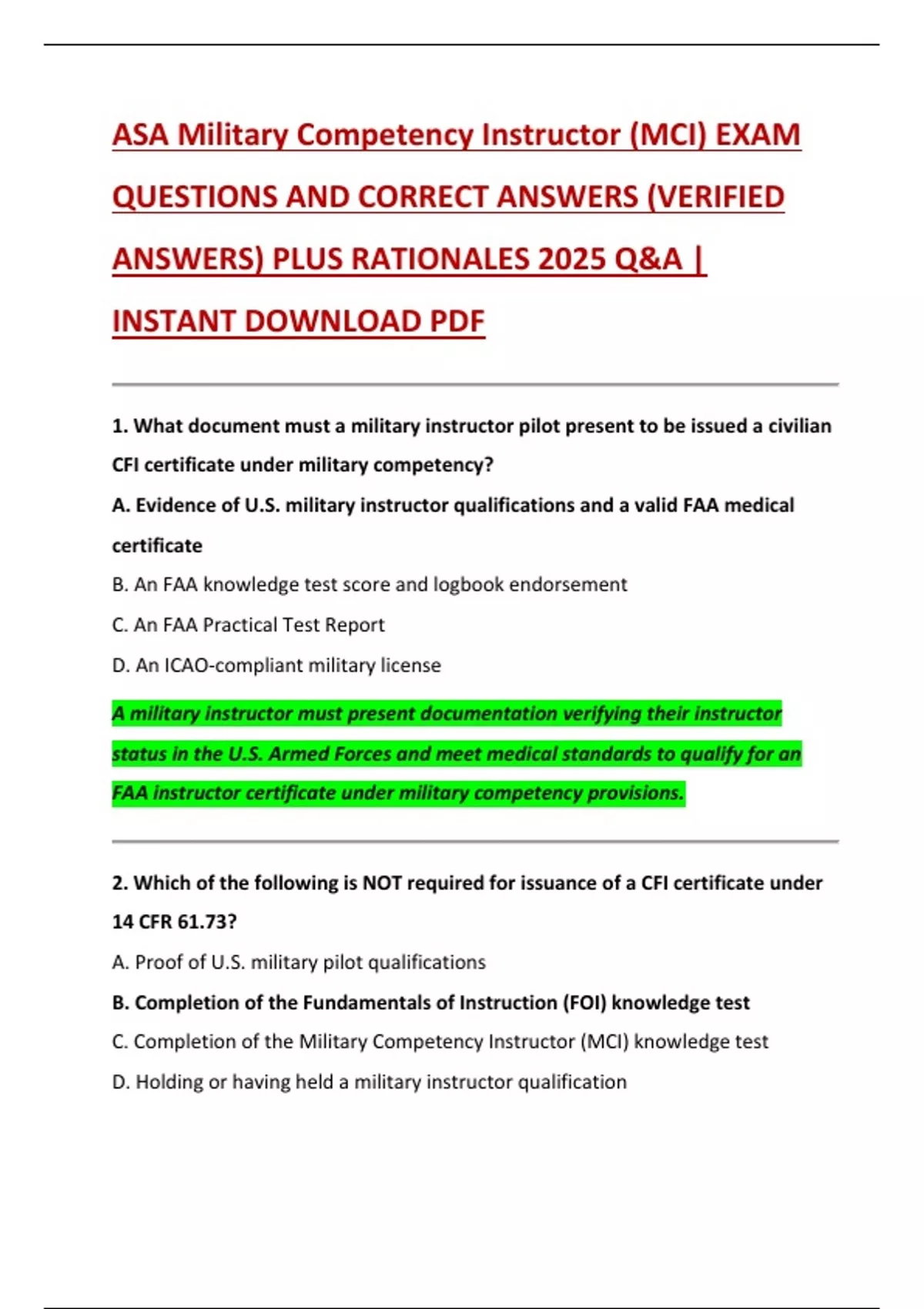 ASA Military Competency Instructor (MCI) EXAM QUESTIONS AND CORRECT ...