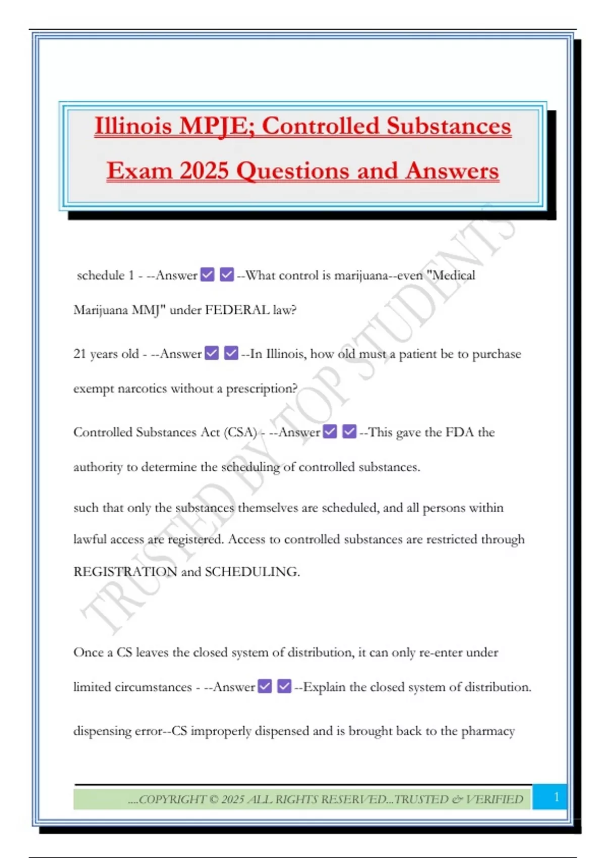 Illinois MPJE; Controlled Substances Exam 2025 Questions and Answers ...
