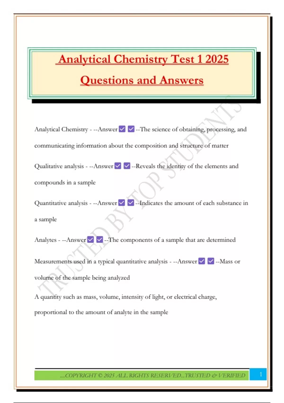 Analytical Chemistry Test 1 2025 Questions and Answers - Analytical ...