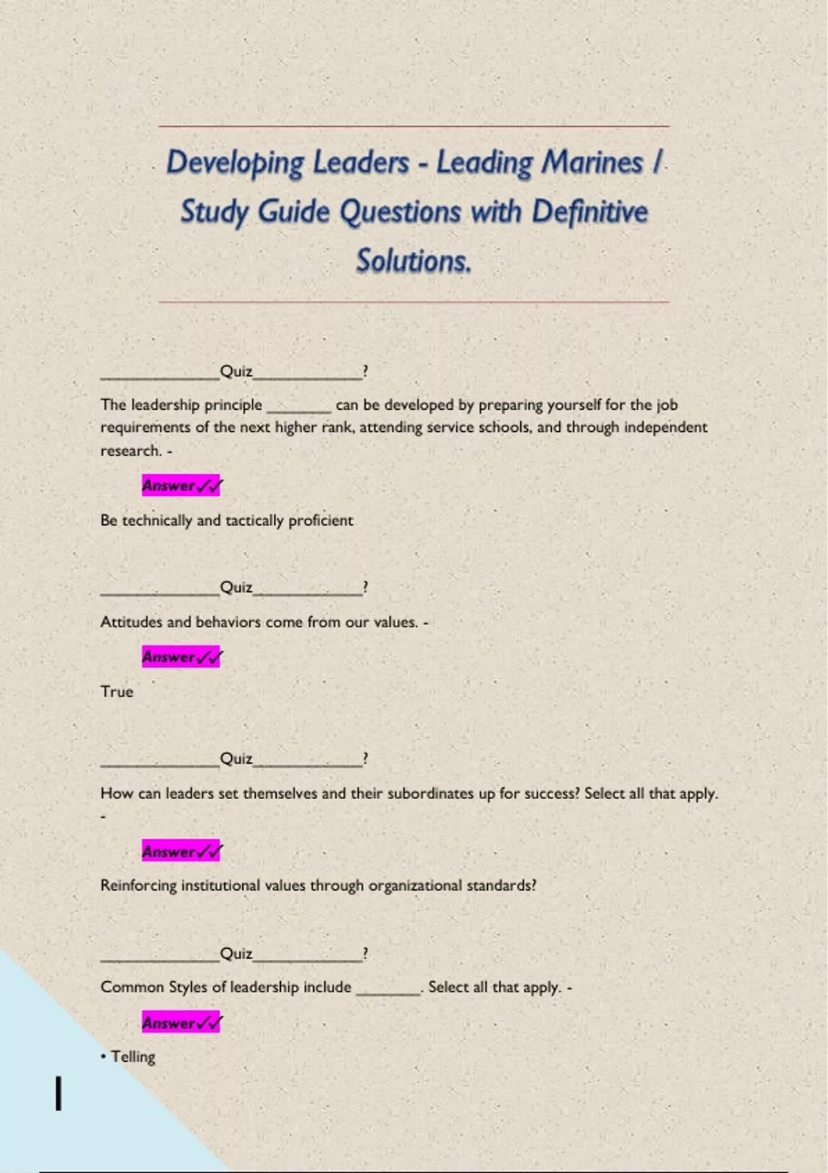 Leader Guide Vs Study Guide Developing Leaders - Leading Marines / Study Guide Questions with ...