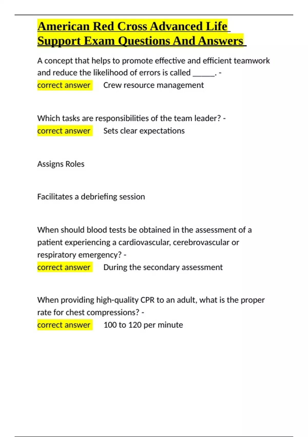 American Red Cross Advanced Life Support Exam Questions And Answers ...