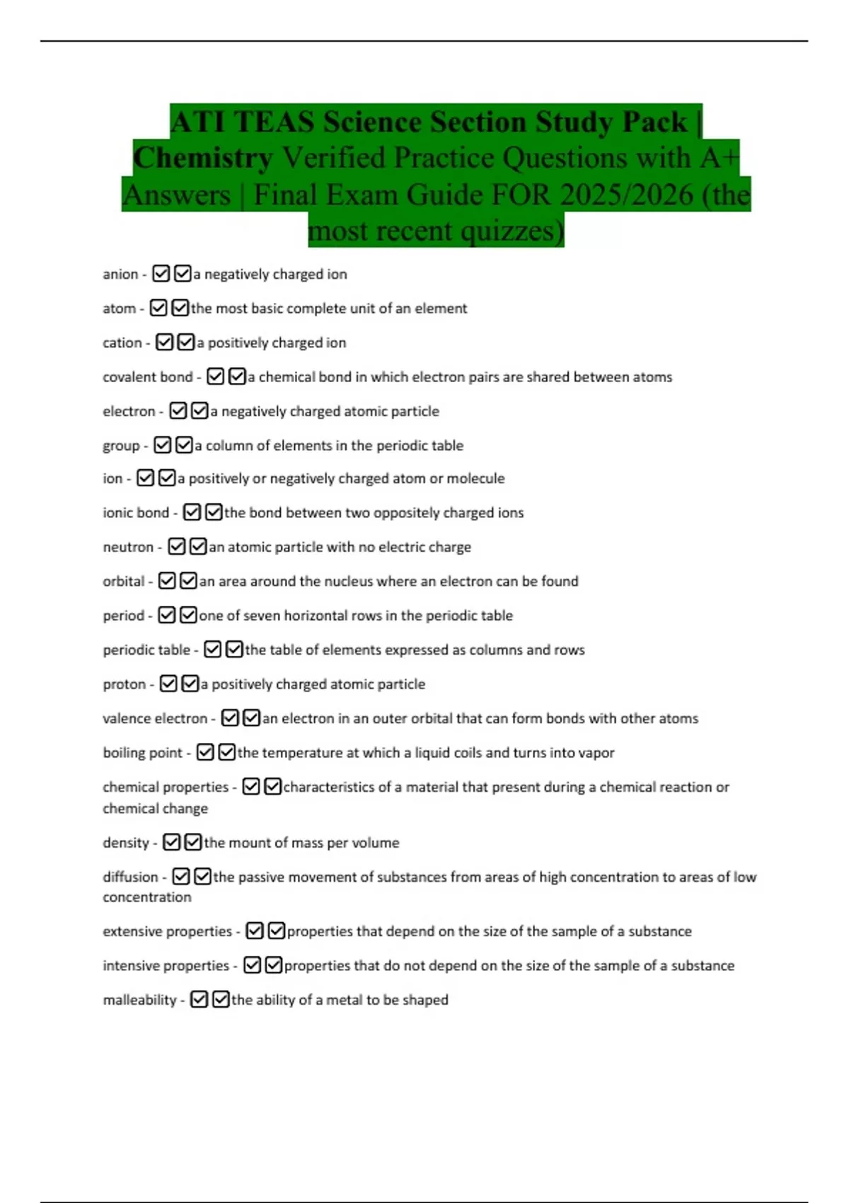 ATI TEAS Science Section Study Pack | Chemistry Verified Practice ...
