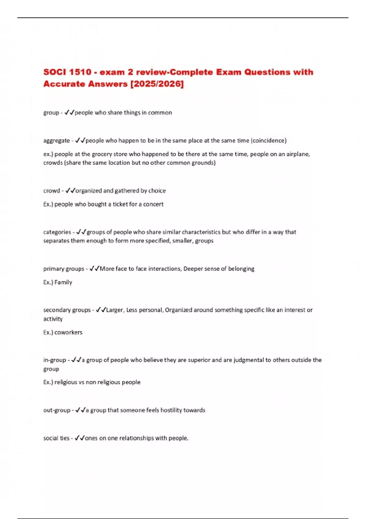 SOCI 1510 - exam 2 review-Complete Exam Questions with Accurate Answers ...