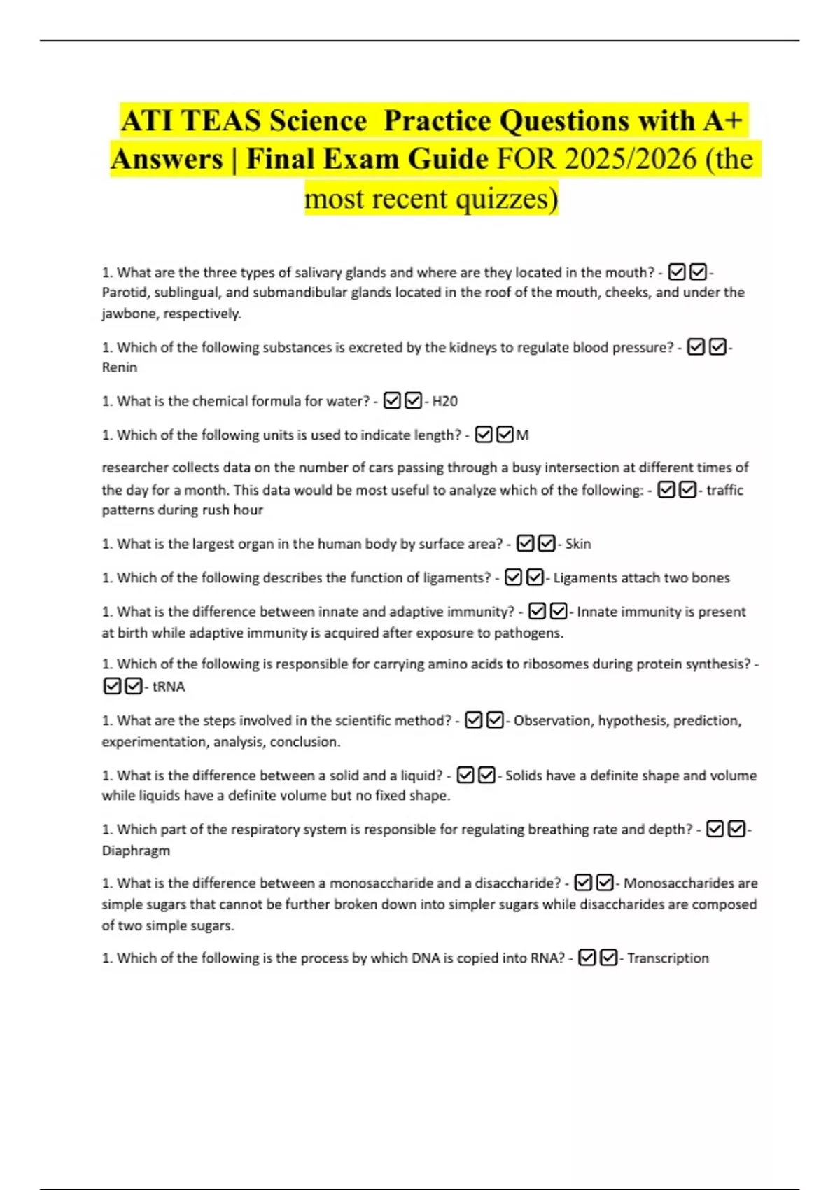 ATI TEAS Science Practice Questions with A+ Answers | Final Exam Guide ...