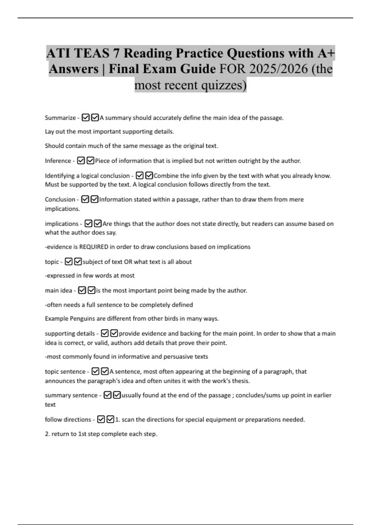 ATI TEAS 7 Reading Practice Questions with A+ Answers | Final Exam ...