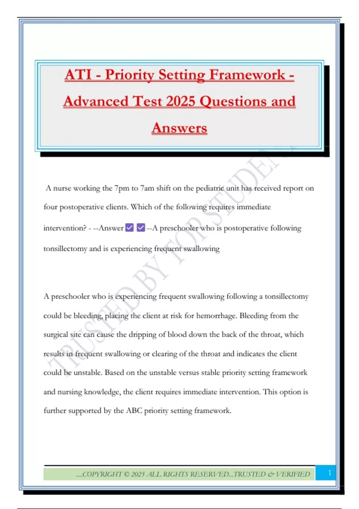 ATI - Priority Setting Framework - Advanced Test 2025 Questions and ...