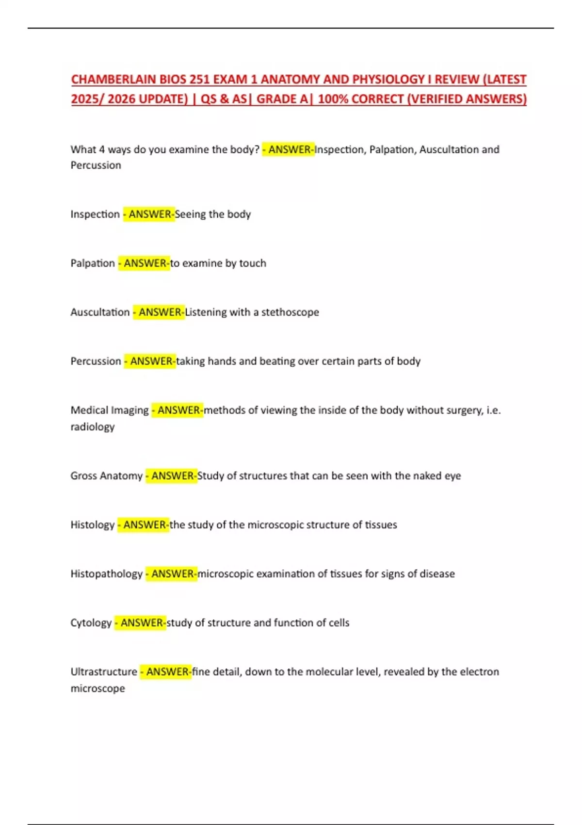 CHAMBERLAIN BIOS 251 EXAM 1 ANATOMY AND PHYSIOLOGY I REVIEW (LATEST ...