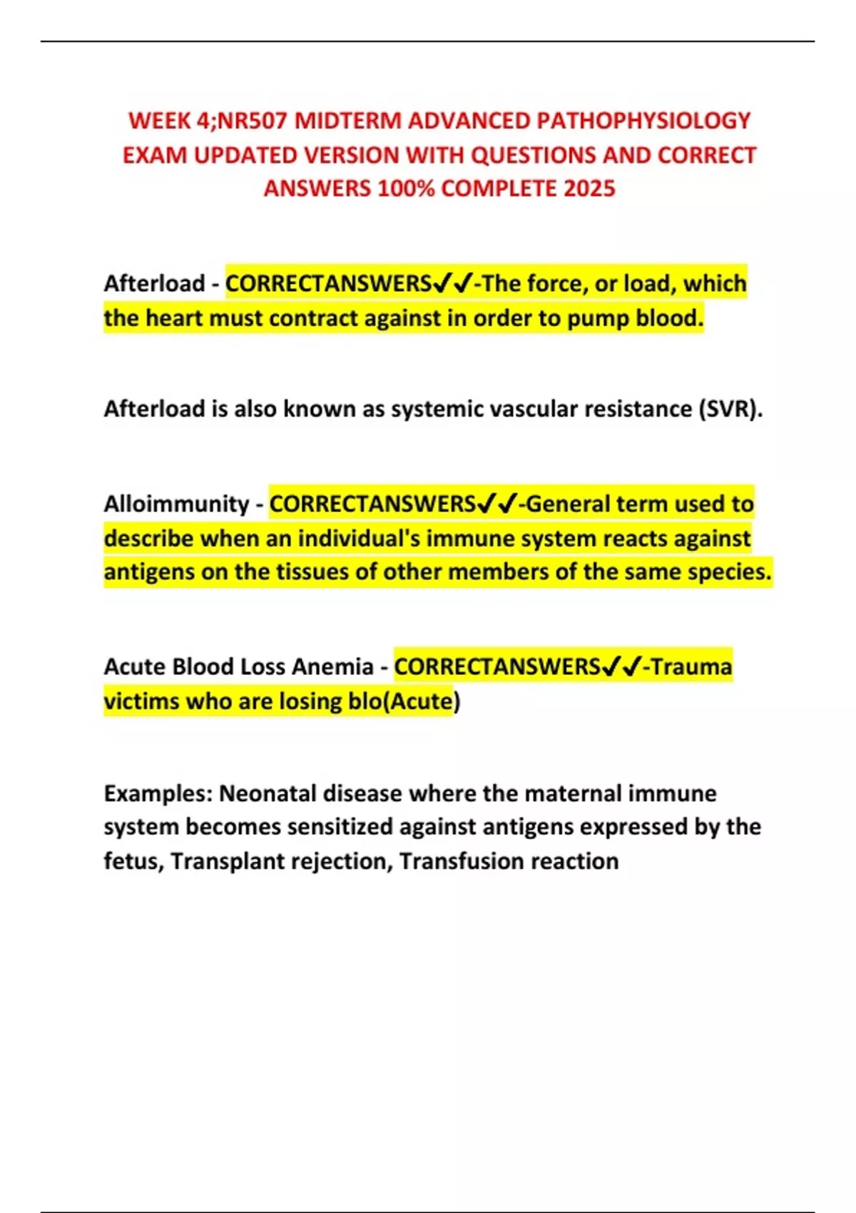 WEEK 4;NR507 MIDTERM ADVANCED PATHOPHYSIOLOGY EXAM UPDATED VERSION WITH ...
