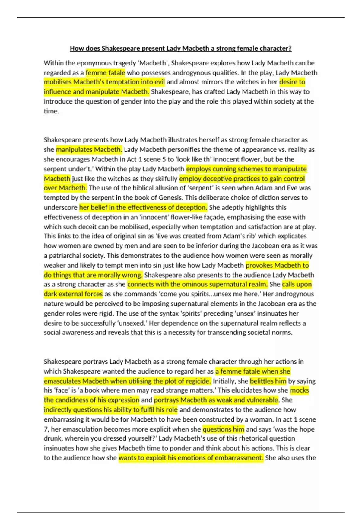 Summary Lady Macbeth Grade 9 Essay - English - Stuvia UK