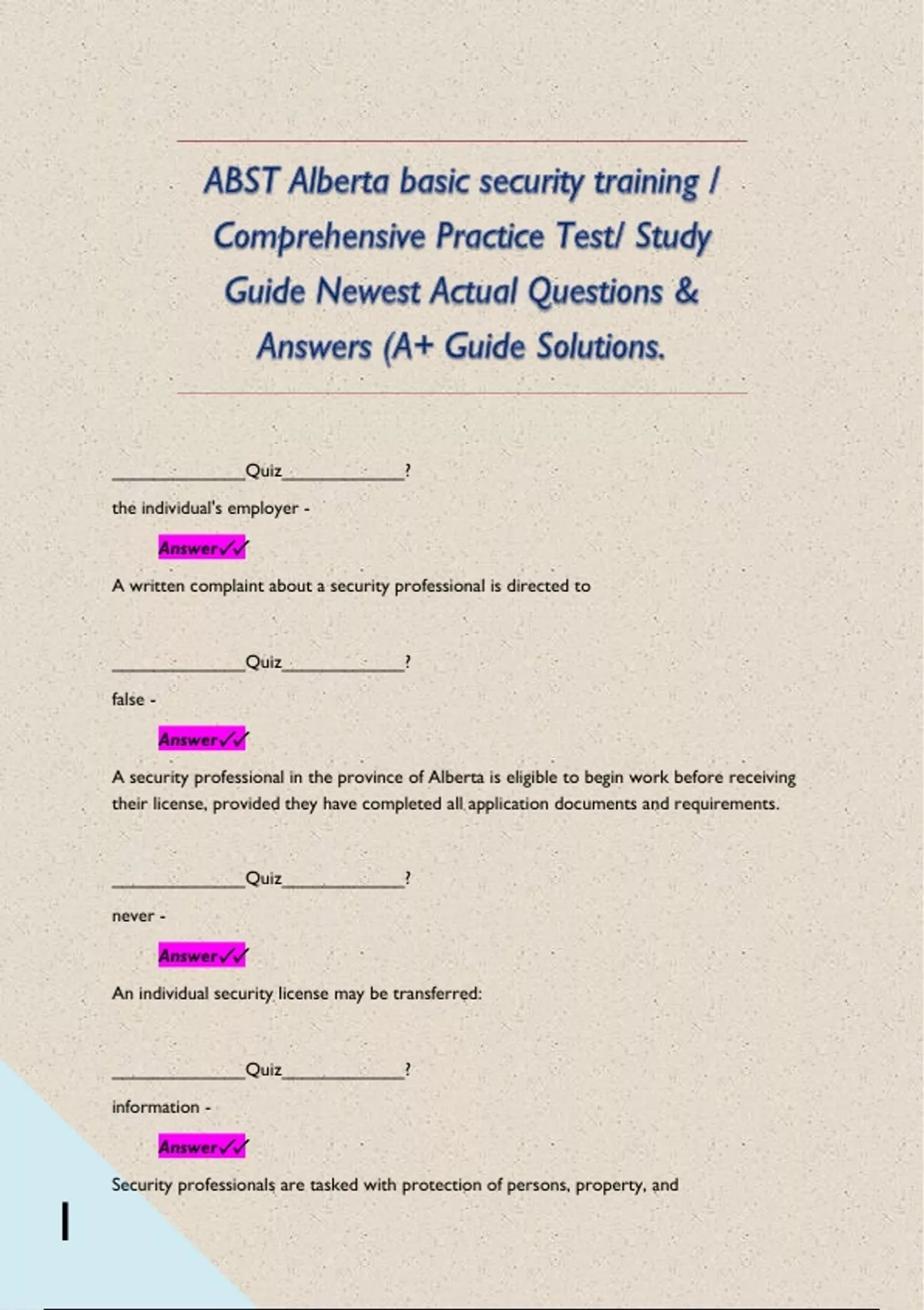 ABST Alberta basic security training / Comprehensive Practice Test ...