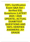 TEFL Certification Exam Q&A Set &ndash; Verified ESL Teaching Questions &lpar;LATEST 2025 &sol; 2026 UPDATE&rpar;&comma; ACTUAL EXAM&sol;TEST QUESTIONS AND 100&percnt; VERIFIED ANSWERS &vert; A&plus; GRADE