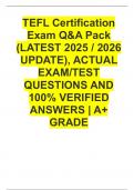 TEFL Certification Exam Q&A Pack &lpar;LATEST 2025 &sol; 2026 UPDATE&rpar;&comma; ACTUAL EXAM&sol;TEST QUESTIONS AND 100&percnt; VERIFIED ANSWERS &vert; A&plus; GRADE
