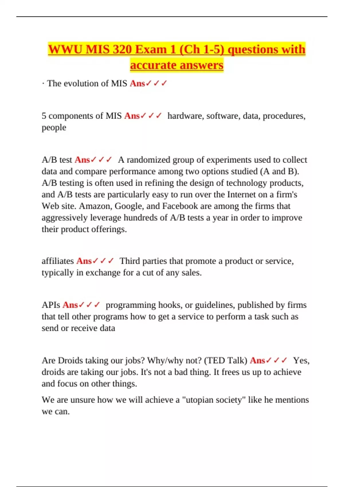 MIS 320 – Exam 1 Study Guide with Accurate Answers (Western Washington ...