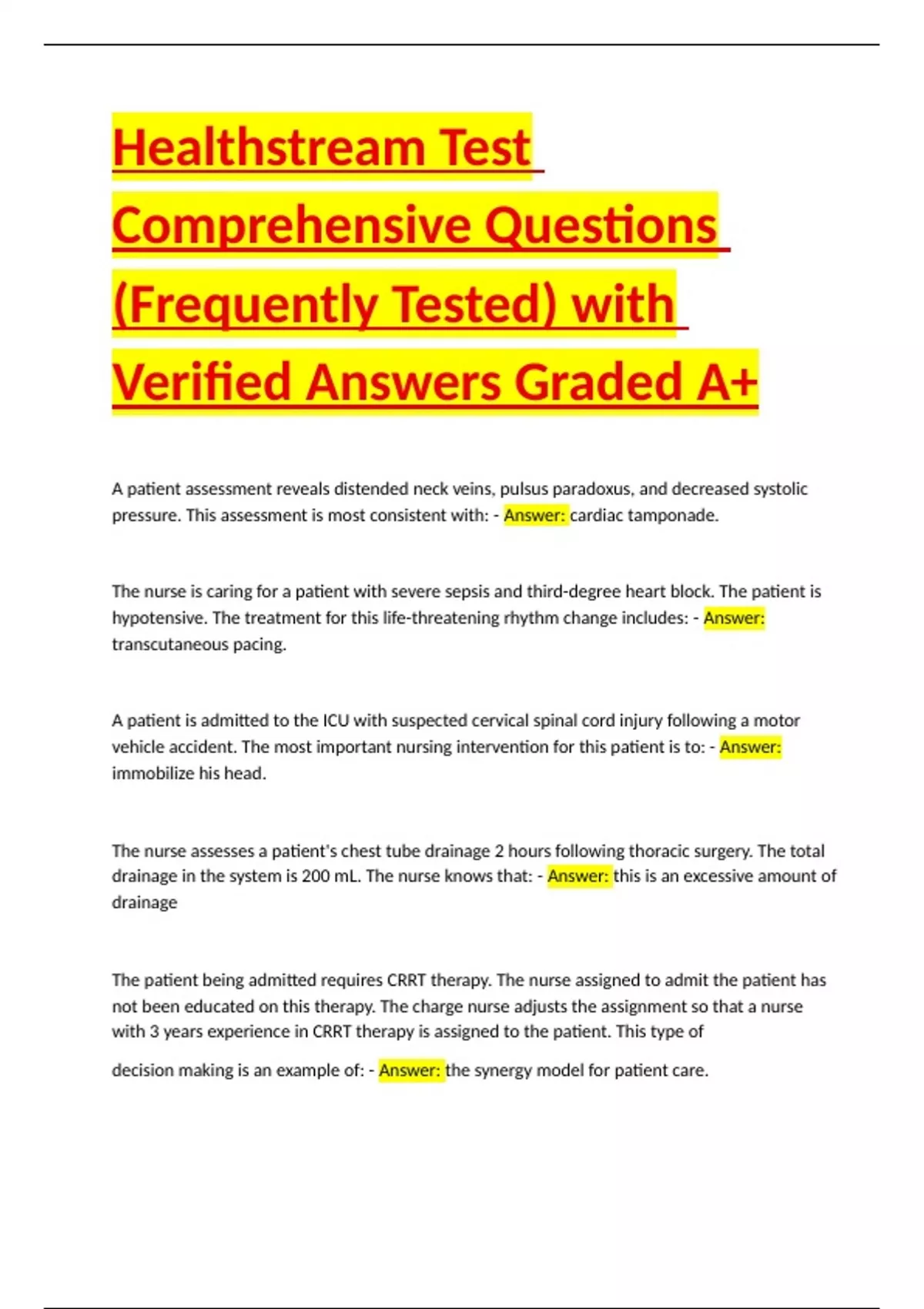 Healthstream Test Comprehensive Questions (Frequently Tested) with ...
