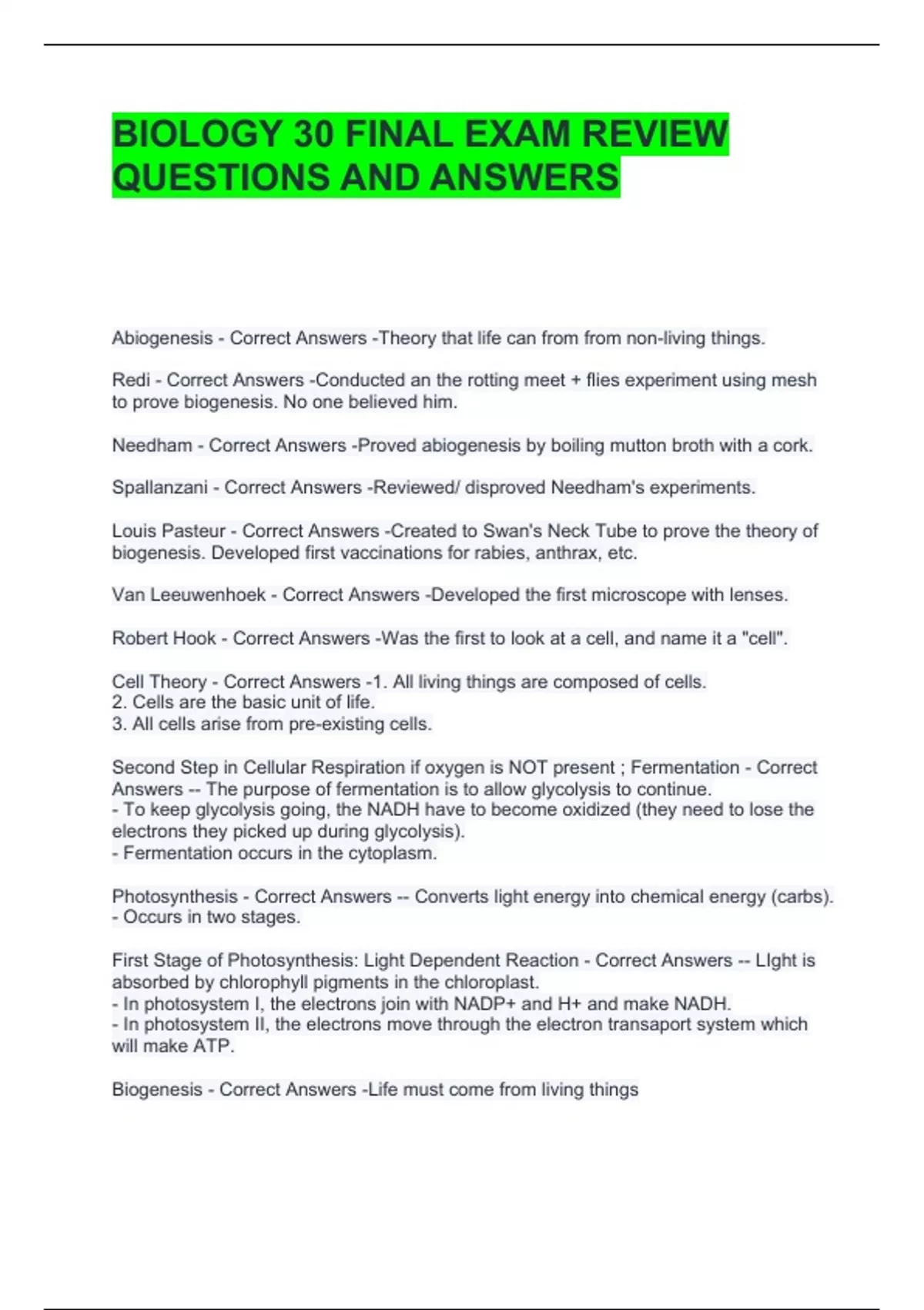 BIOLOGY 30 FINAL EXAM REVIEW QUESTIONS AND ANSWERS - BIOLOGY 30 - Stuvia US