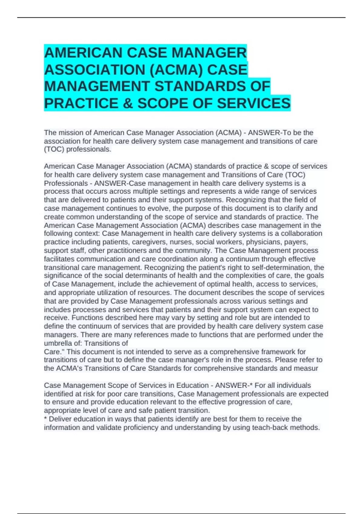 AMERICAN CASE MANAGER ASSOCIATION (ACMA) CASE MANAGEMENT STANDARDS OF ...