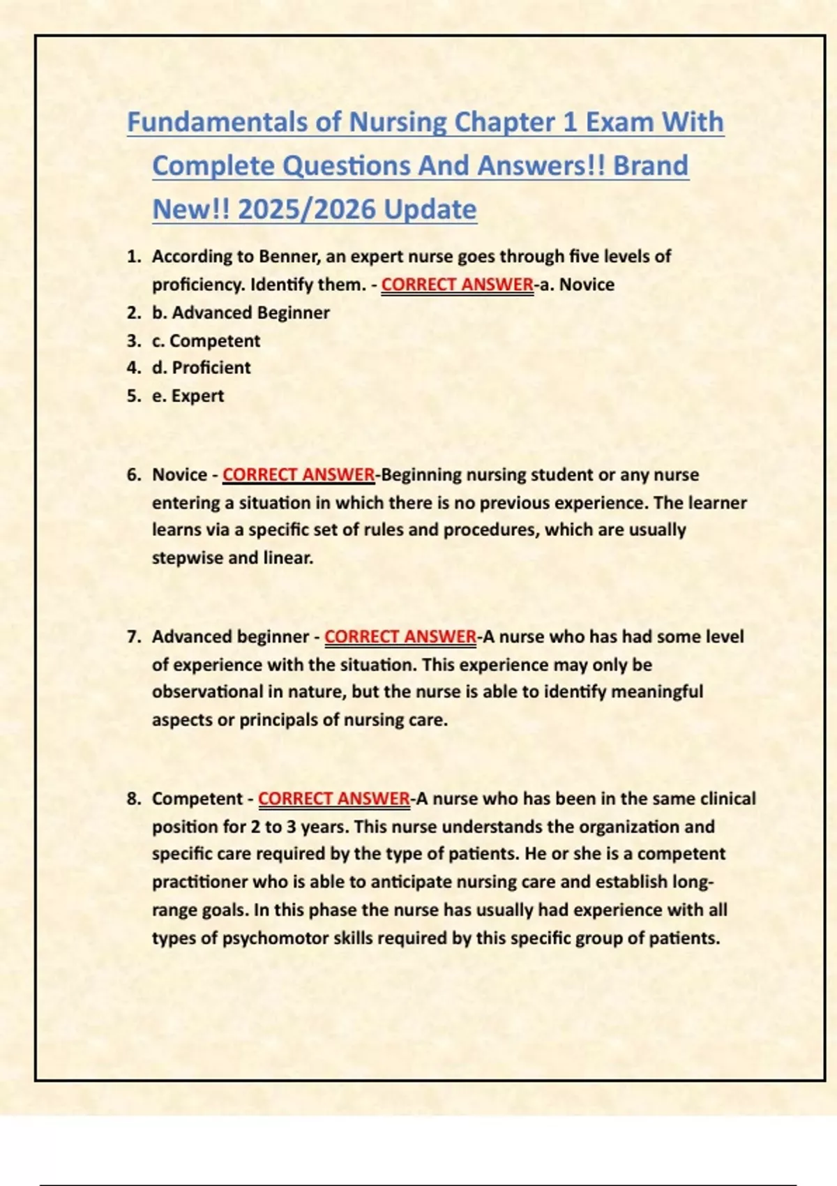 Fundamentals of Nursing Chapter 1 Exam With Complete Questions And ...