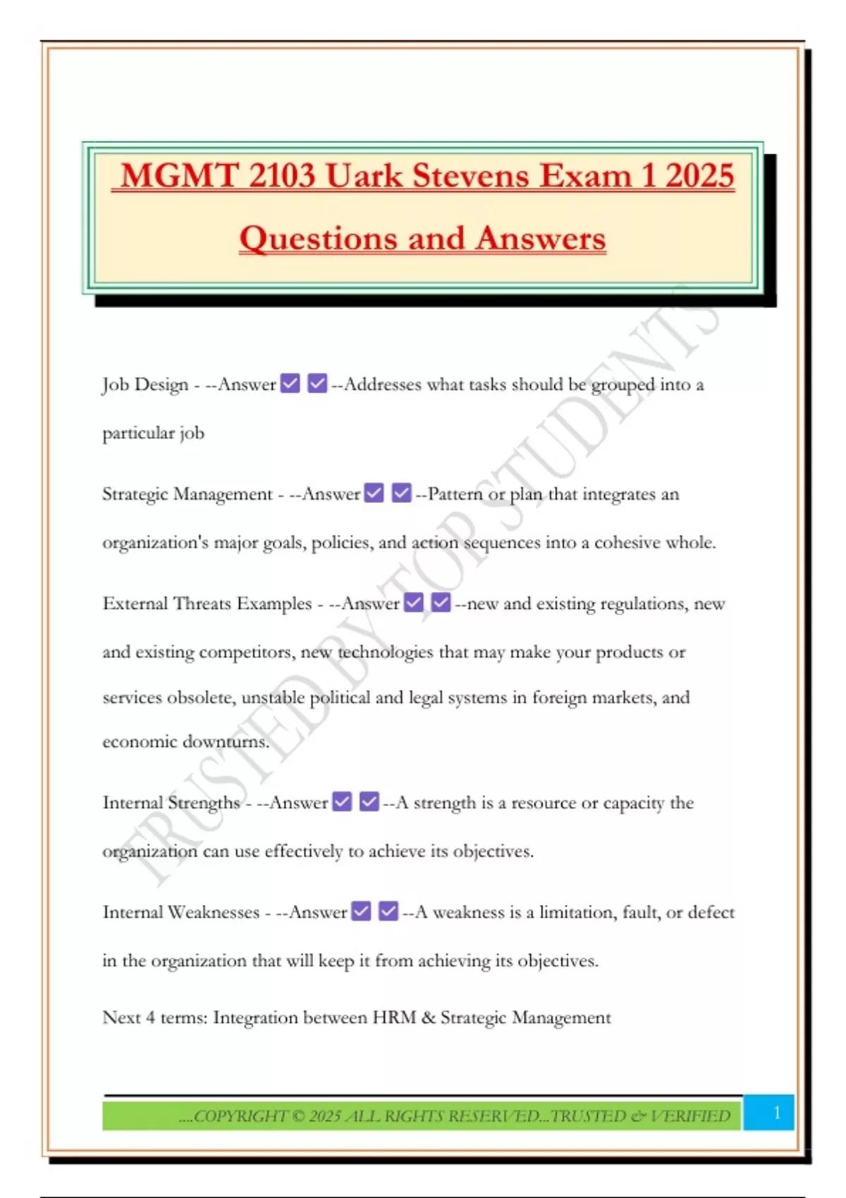 MGMT 2103 Uark Stevens Exam 1 2025 Questions and Answers - MGMT 2103 ...