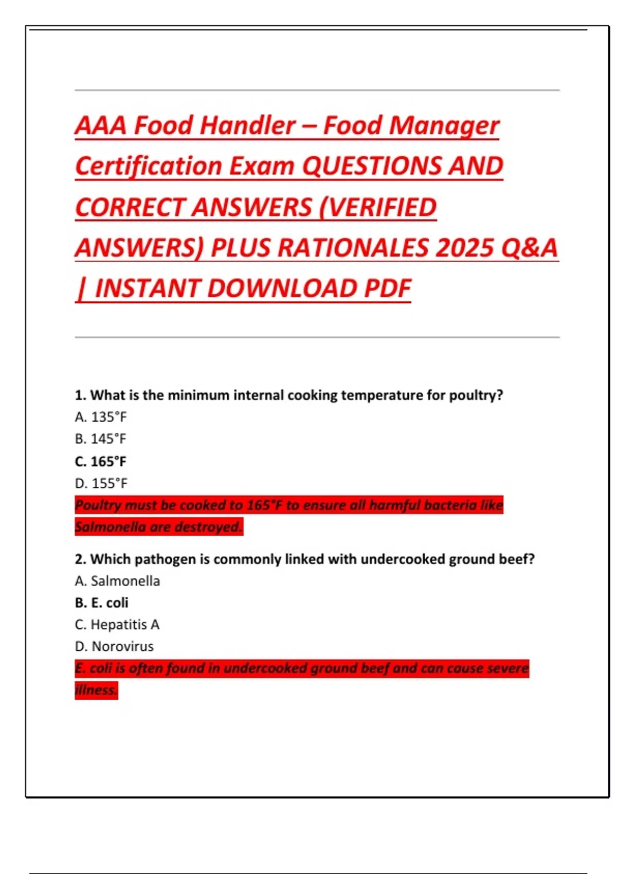 AAA Food Handler – Food Manager Certification Exam QUESTIONS AND ...