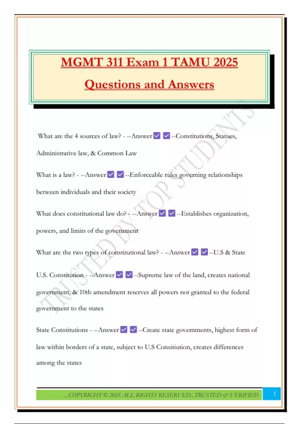 MGMT 311 Exam 1 TAMU 2025 Questions and Answers - MGMT 311 - Stuvia US