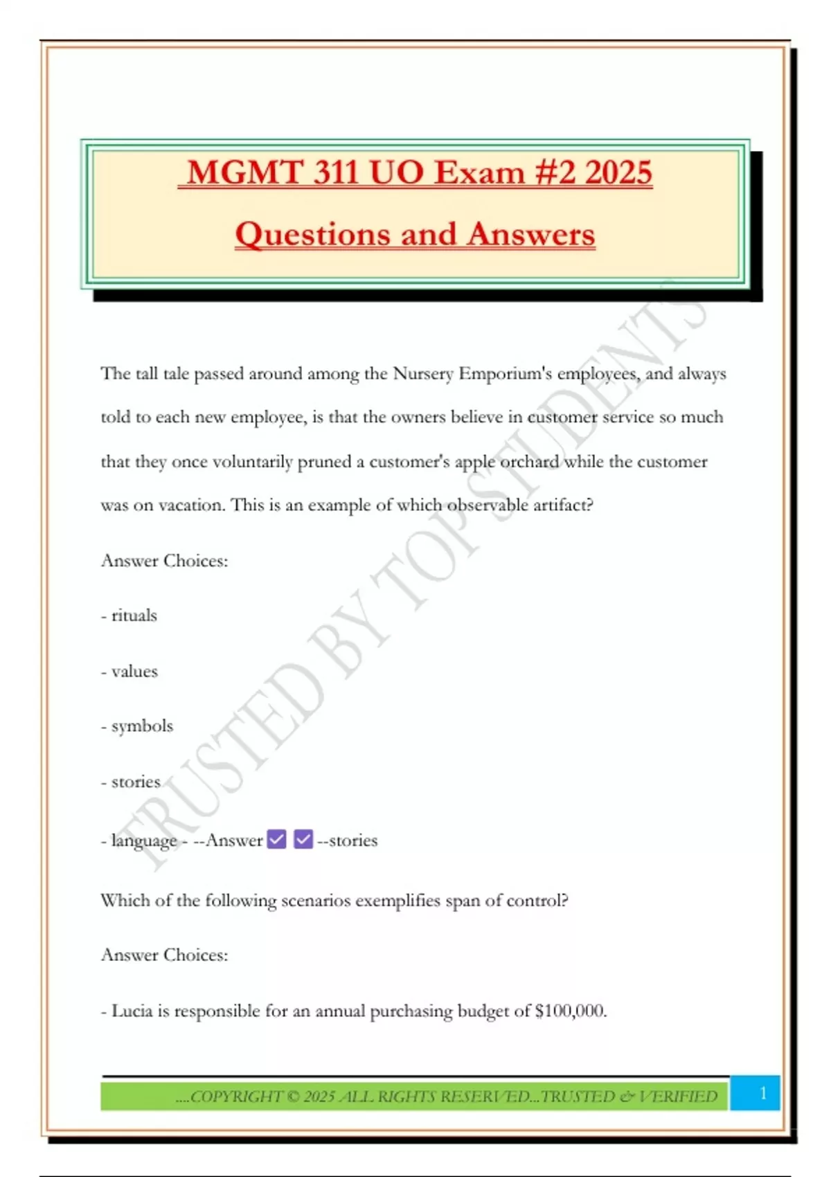 MGMT 311 UO Exam #2 2025 Questions and Answers - MGMT 311 - Stuvia US