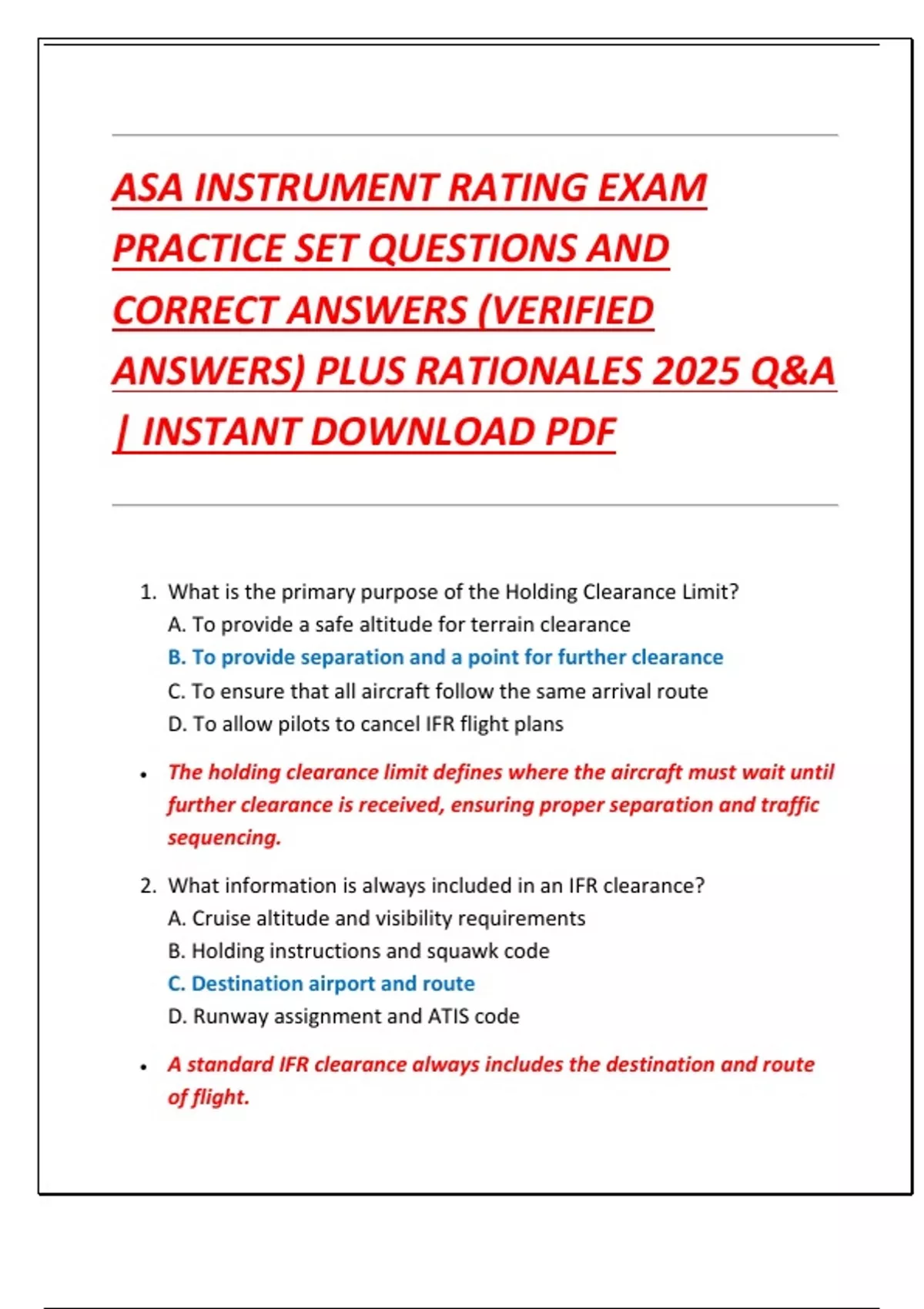 Task A Instrument Rating ASA INSTRUMENT RATING EXAM PRACTICE SET QUESTIONS AND CORRECT ANSWERS ...