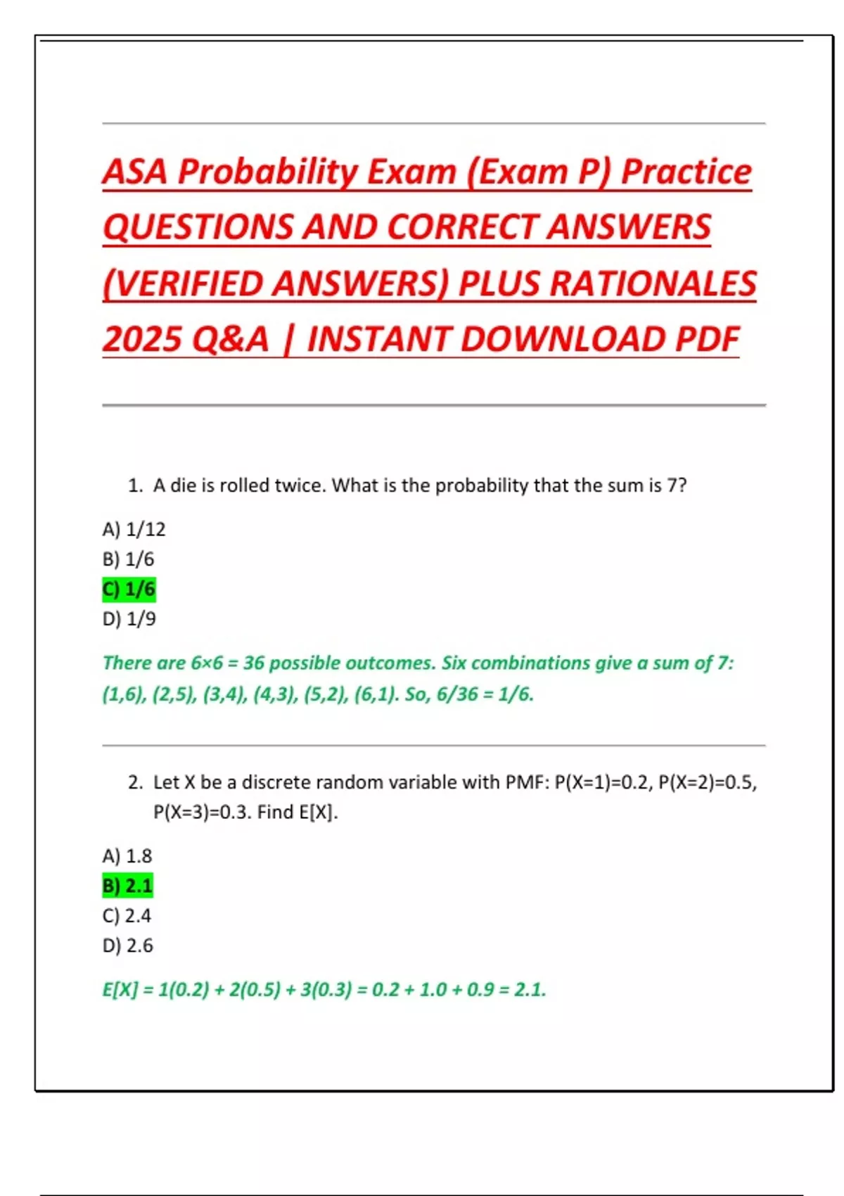 Exam P Practice Example ASA Probability Exam (Exam P) Practice QUESTIONS AND CORRECT ANSWERS ...
