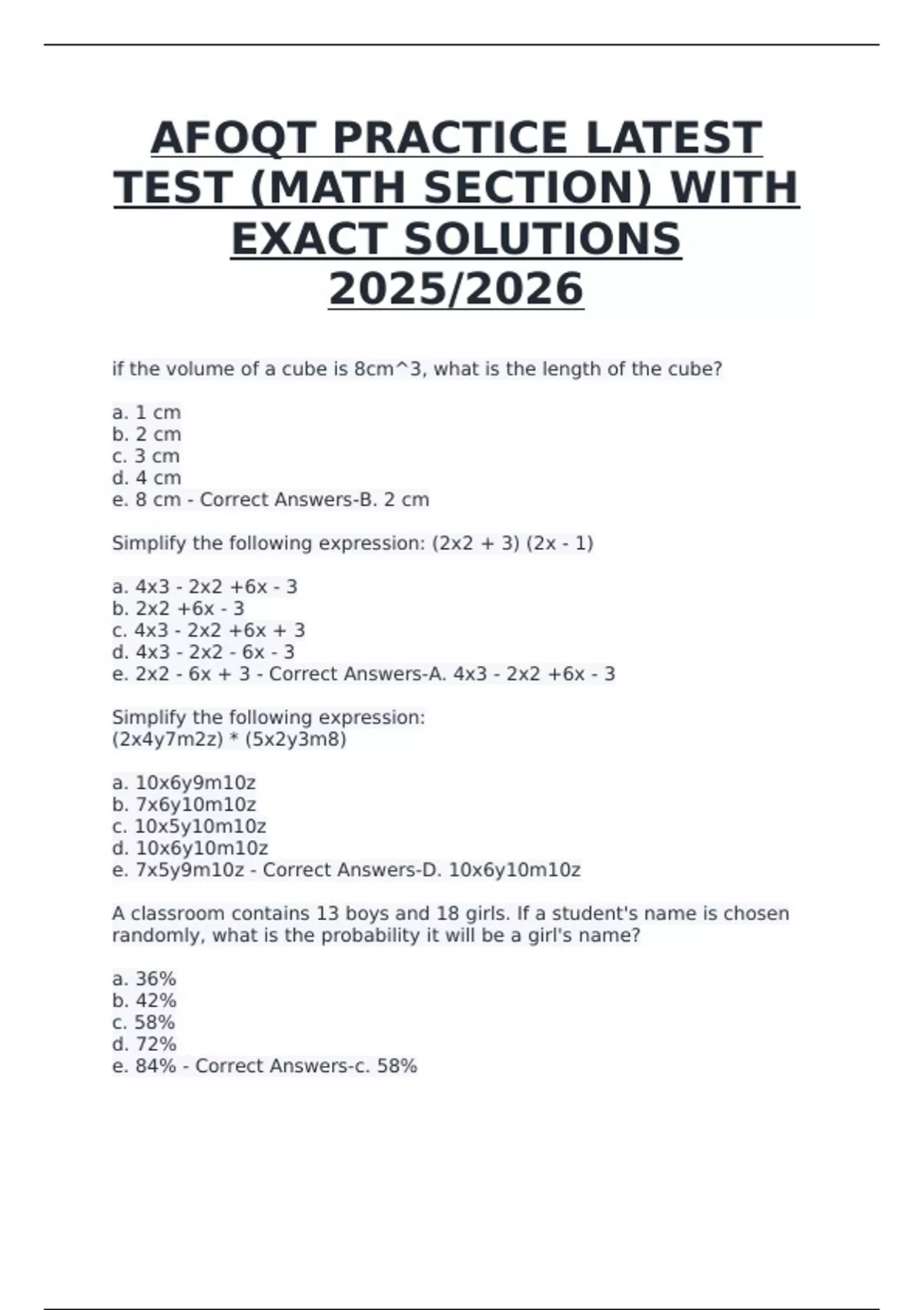 AFOQT Practice – Latest Test (Math Section) with Exact Solutions (2025/ ...