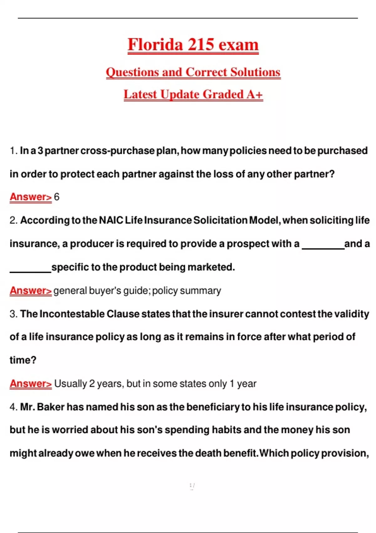 Florida 215 exam Questions and Correct Solutions Pass the Exam, 100% ...