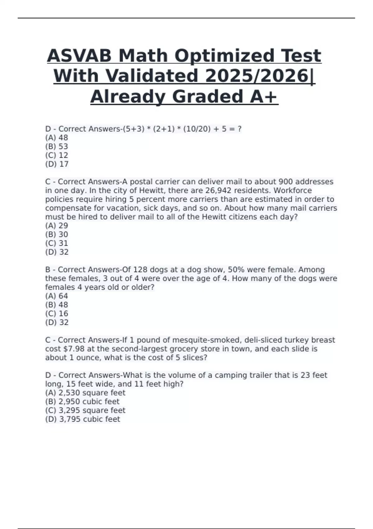 ASVAB Math – Optimized Test with Validated Solutions (2025/2026 ...