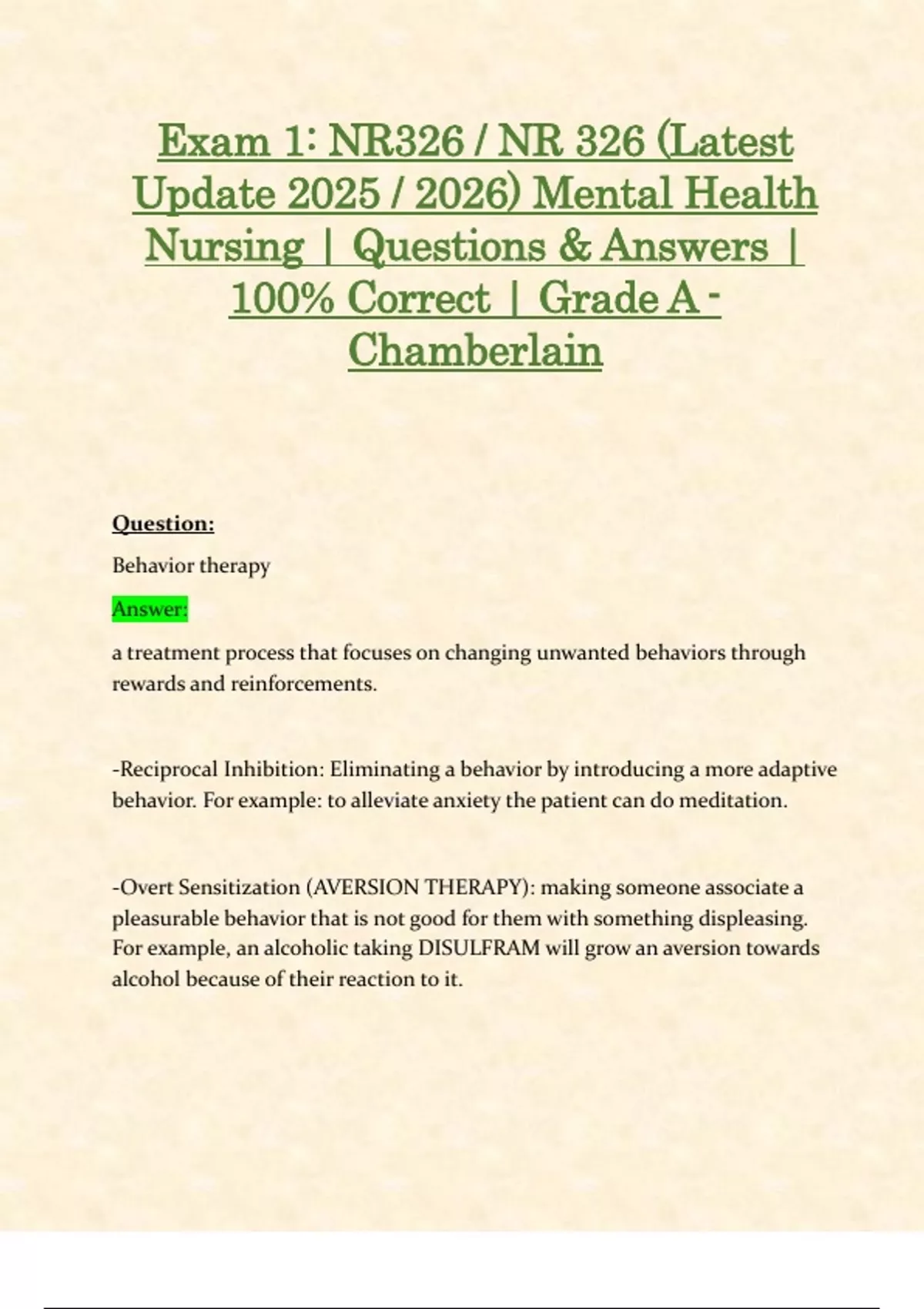 Exam 1: NR326 / NR 326 (Latest Update 2025 / 2026) Mental Health ...