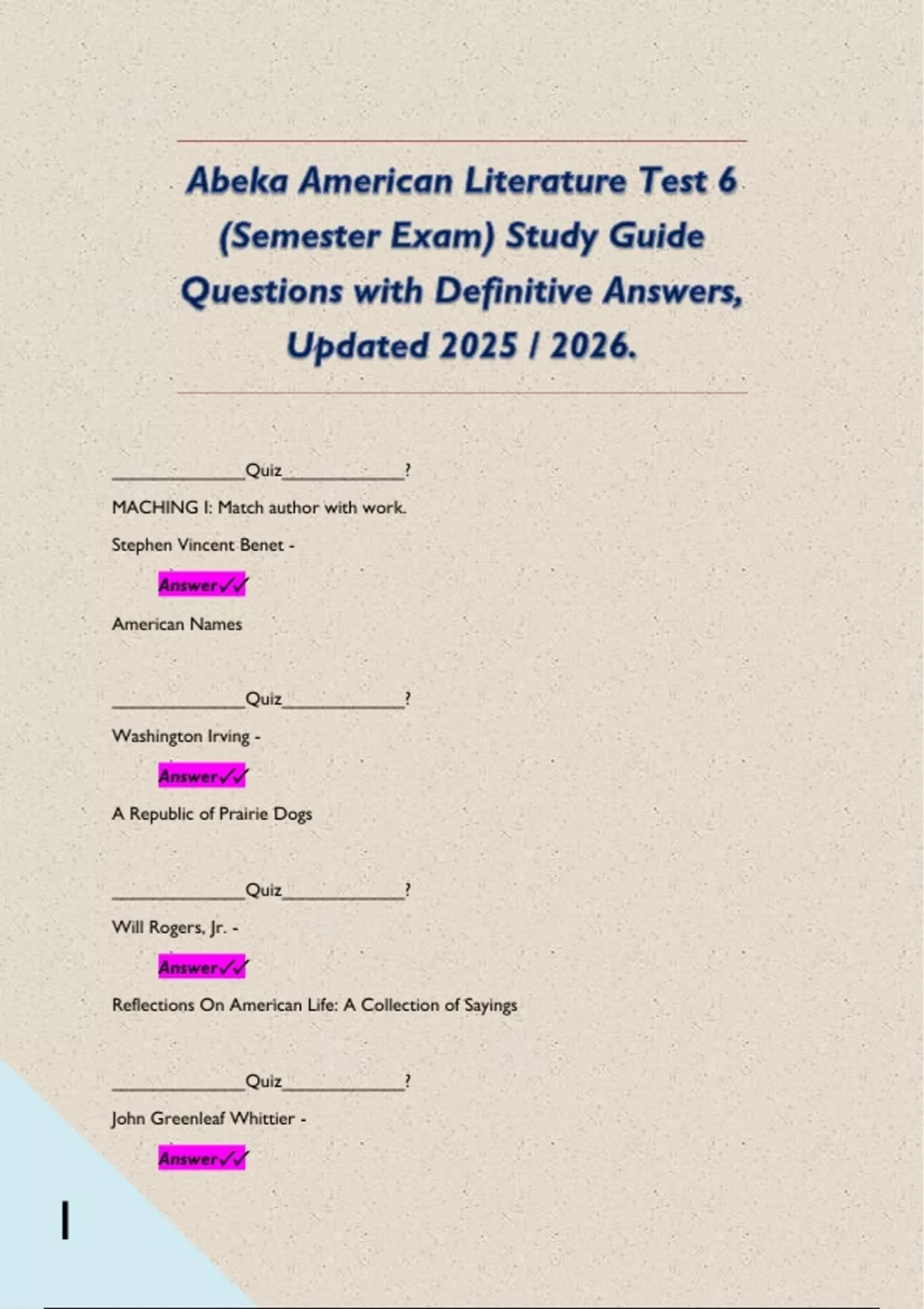 Abeka American Literature Test 6 (Semester Exam) Study Guide Questions ...