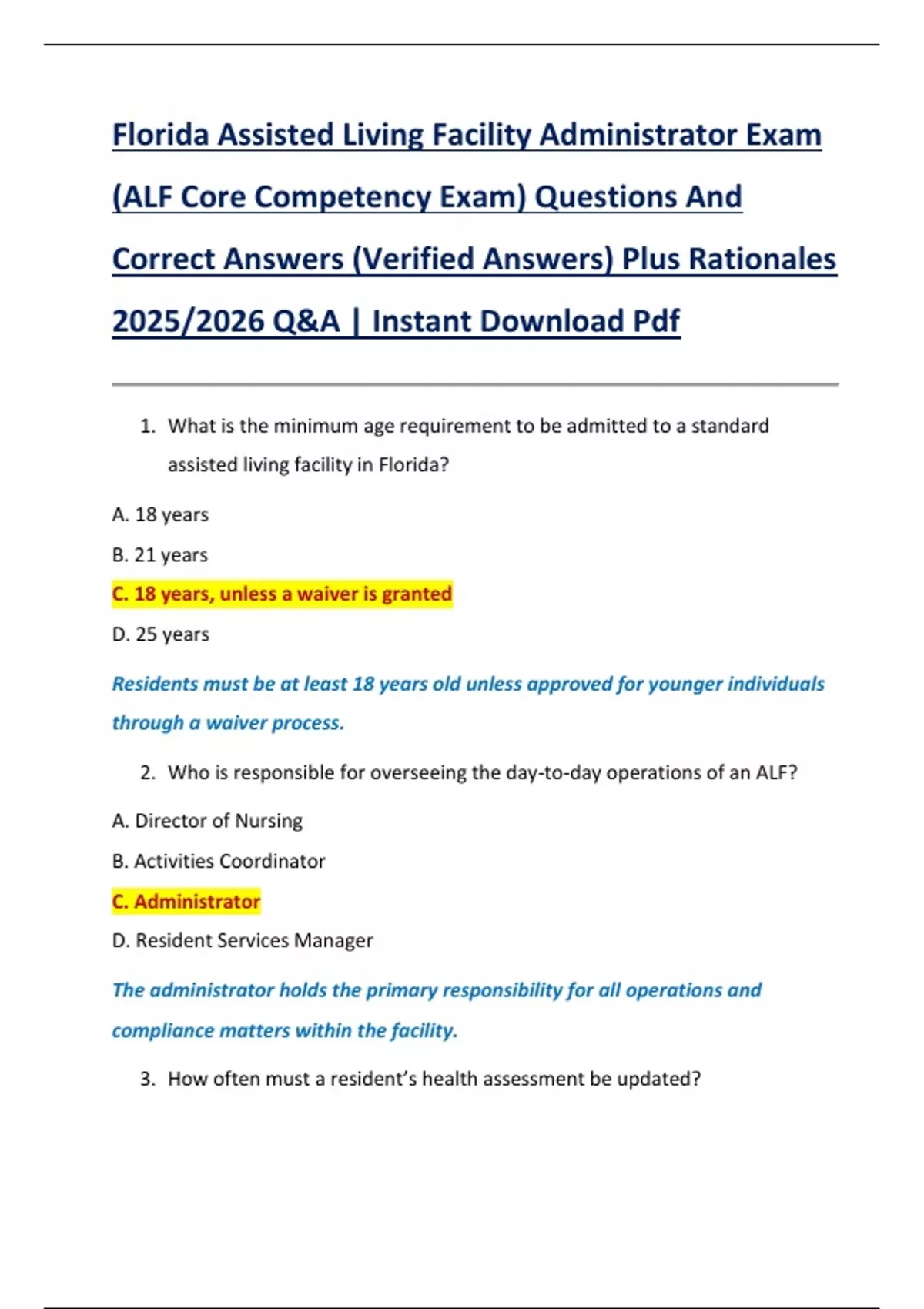 Florida Assisted Living Facility Administrator Exam (ALF Core ...