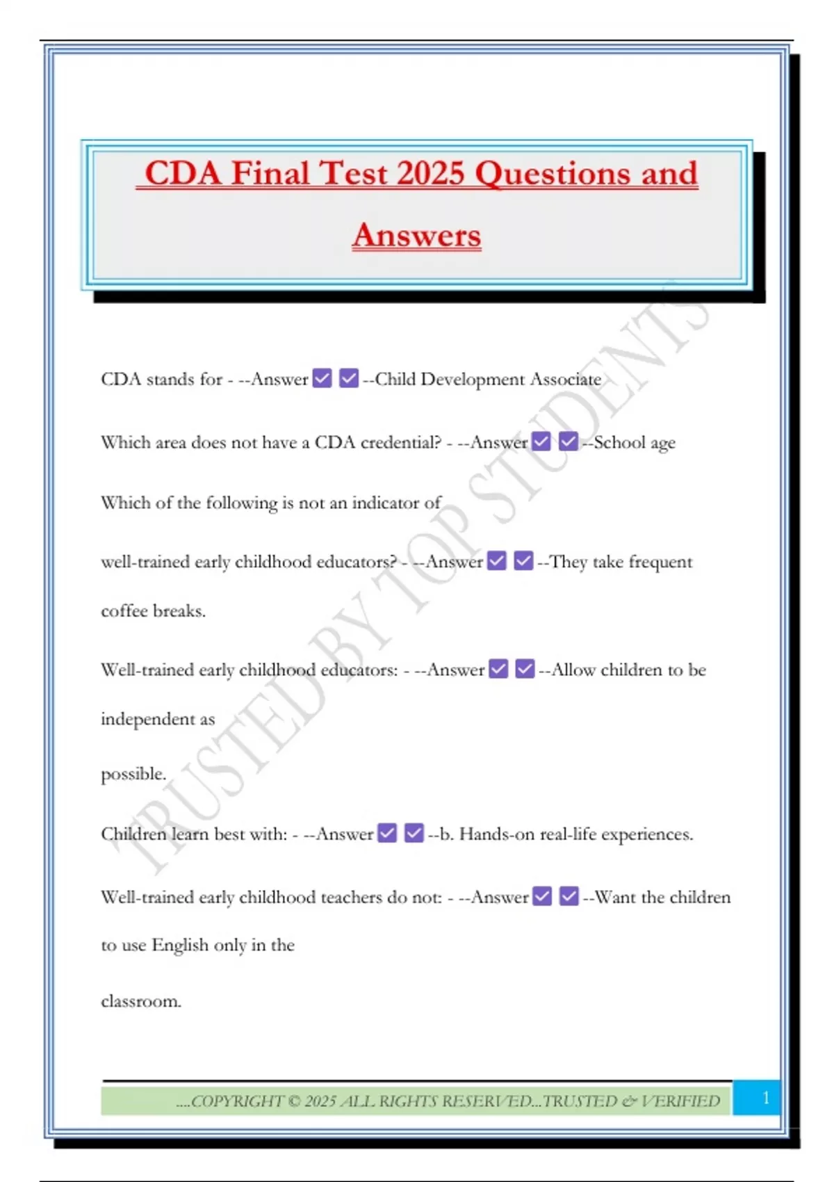 CDA Final Test 2025 Questions and Answers - CDA - Stuvia US
