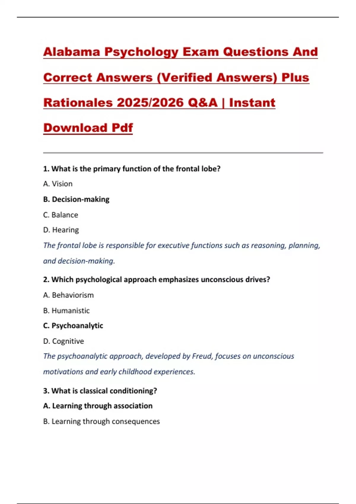 Alabama Psychology Exam Questions And Correct Answers (Verified Answers ...