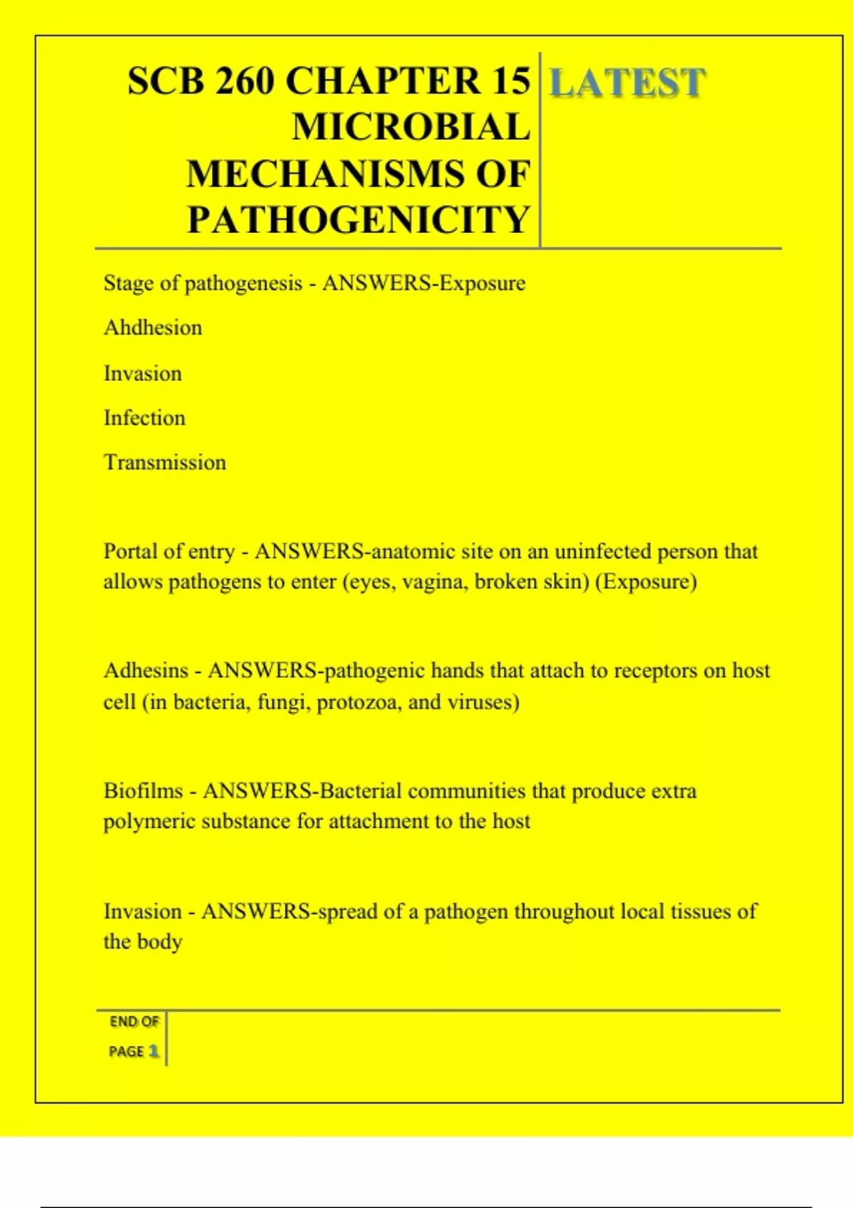 SCB 260 CHAPTER 15 MICROBIAL MECHANISMS OF PATHOGENICITY QUESTIONS AND ...