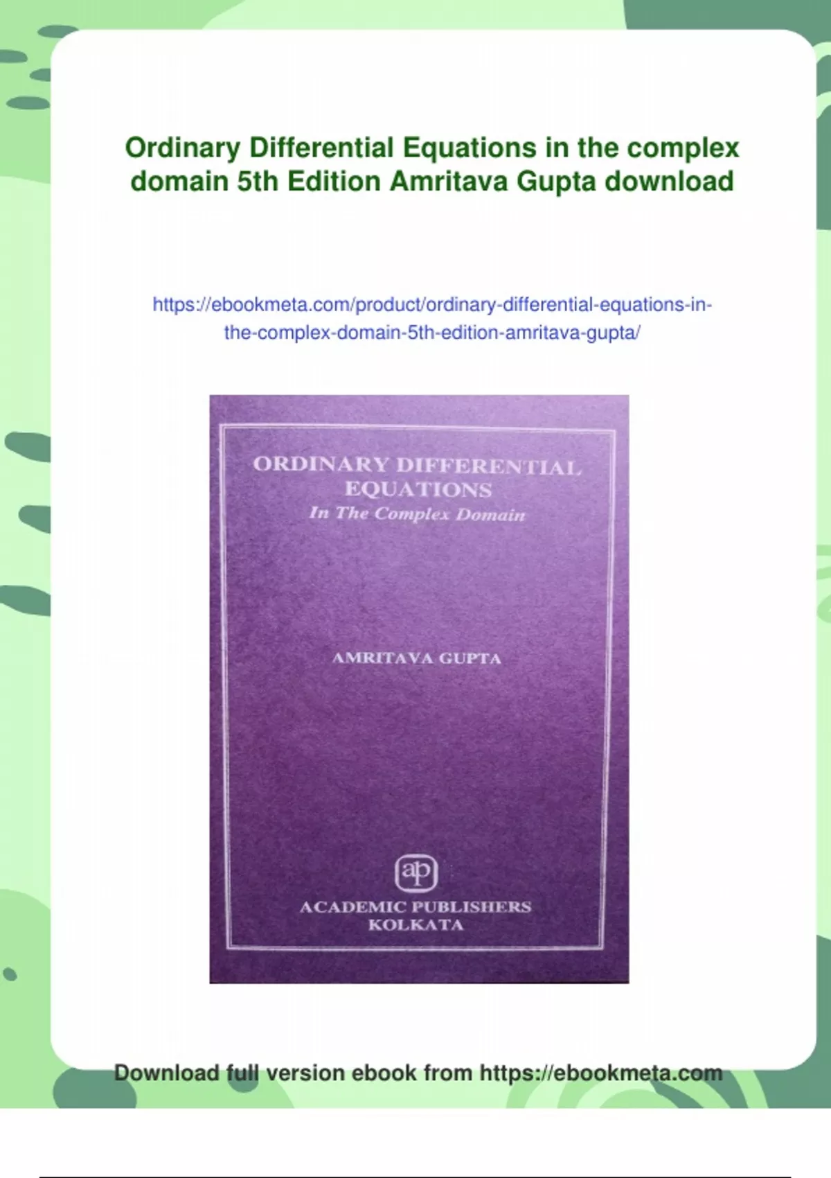 Summary Ordinary Differential Equations in the complex domain 5th ...