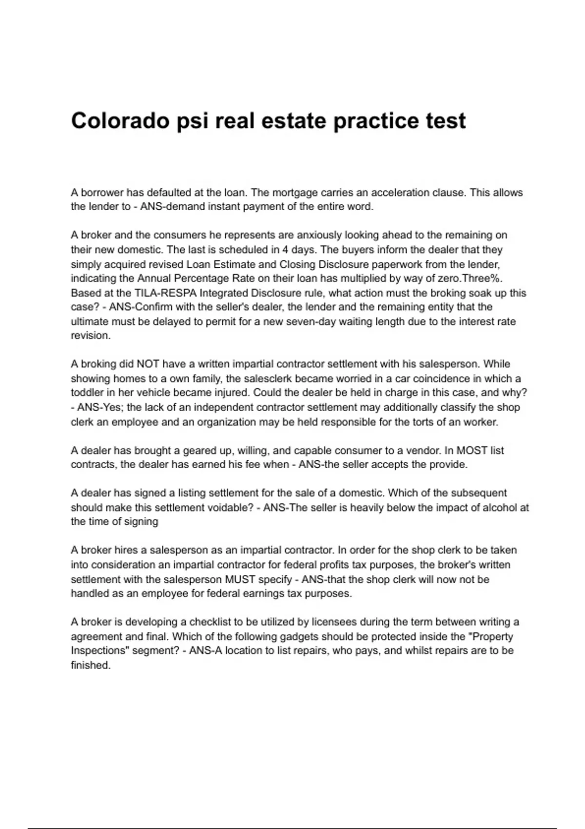Colorado psi real estate practice test NEWEST 2025/2026 ACTUAL EXAM COMPLETE QUESTIONS AND ...