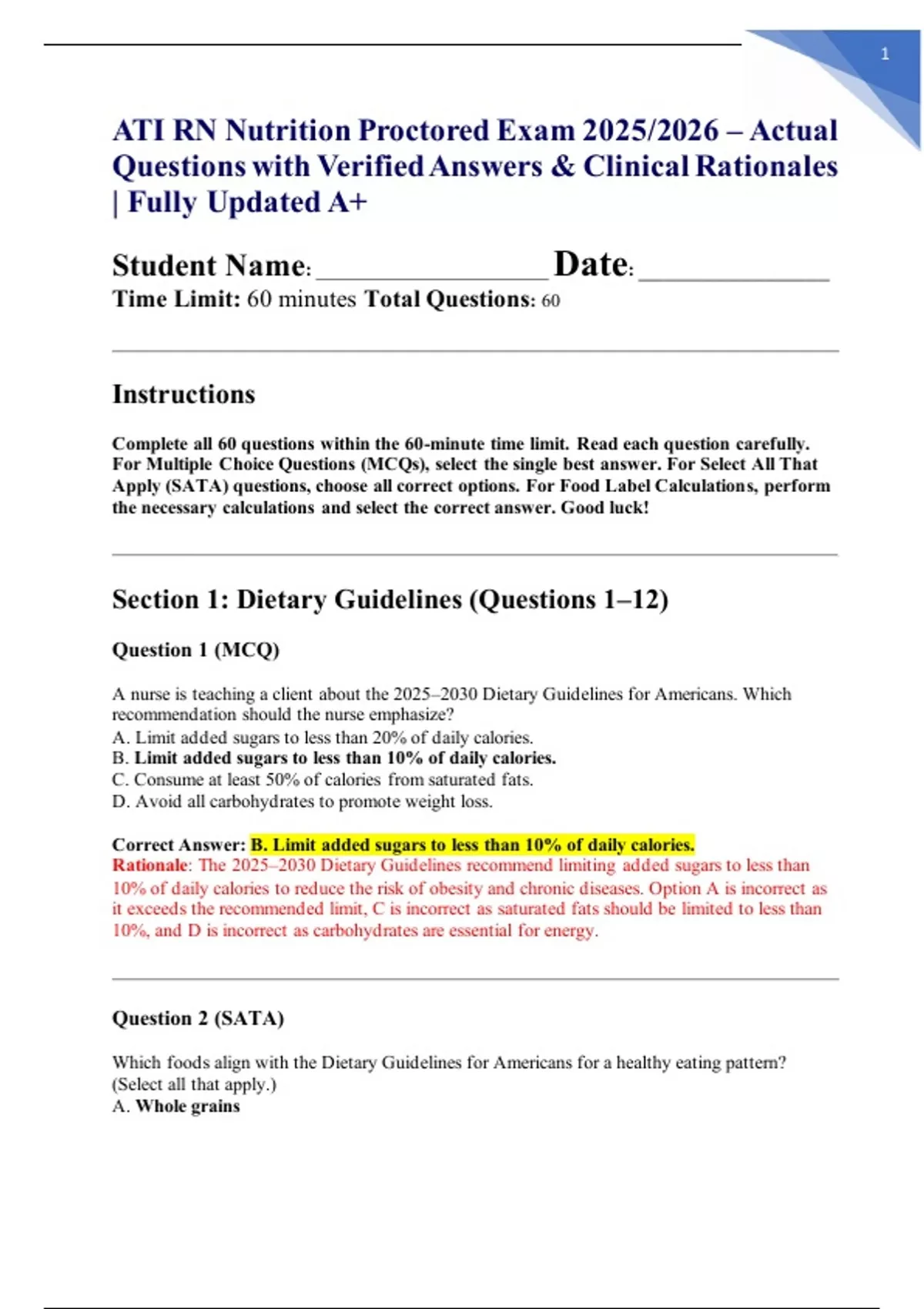 ATI RN Nutrition Proctored Exam 2025/2026 – Actual Questions with ...