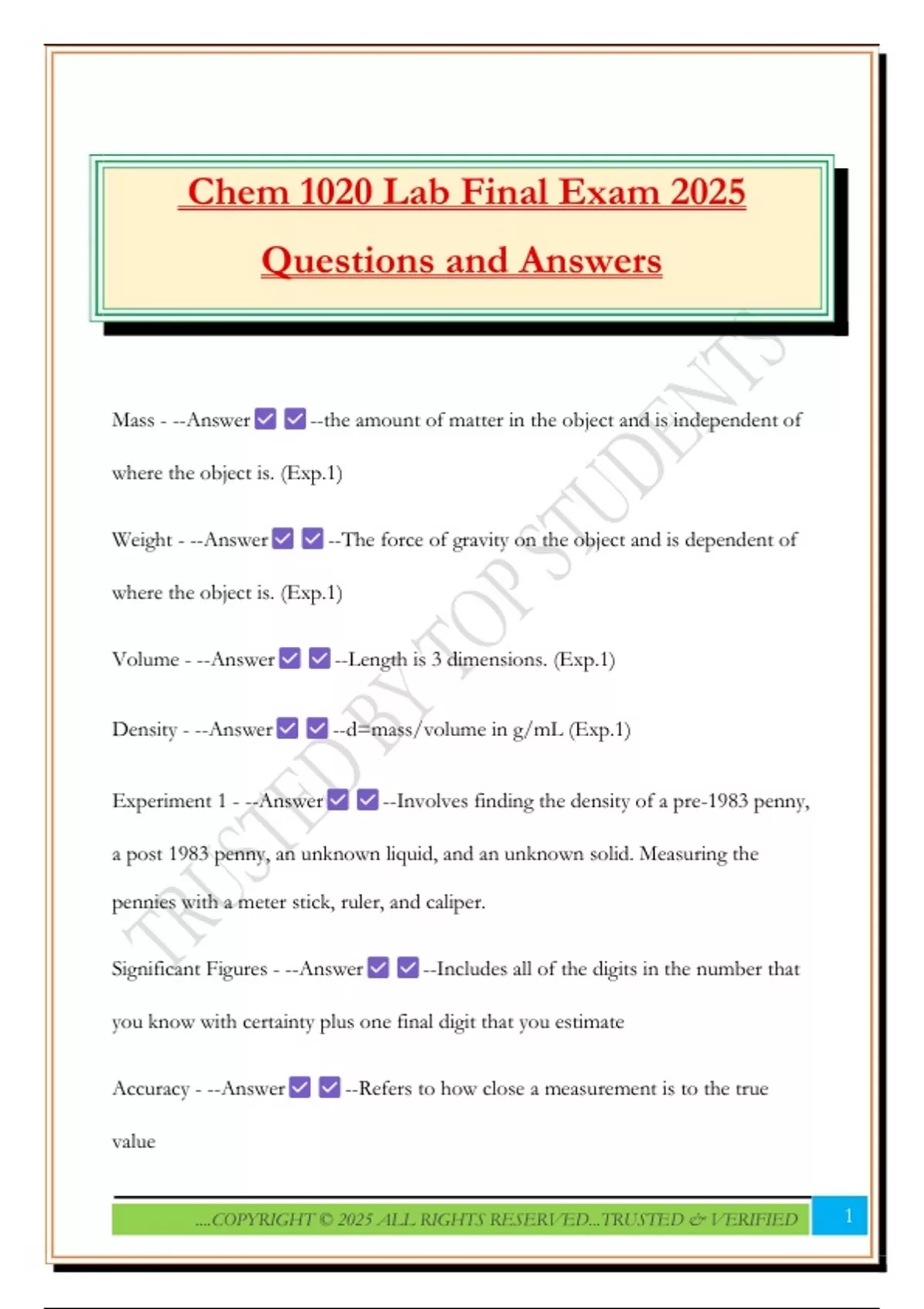 Chem 1020 Lab Final Exam 2025 Questions and Answers - Chem 1020 - Stuvia US