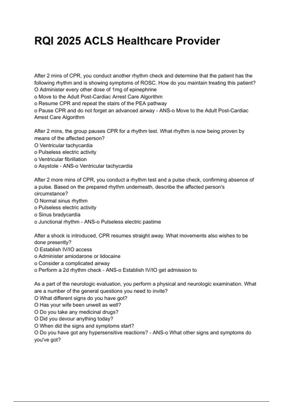 RQI 2025 ACLS Healthcare Provider NEWEST 2025/2026 ACTUAL EXAM COMPLETE ...
