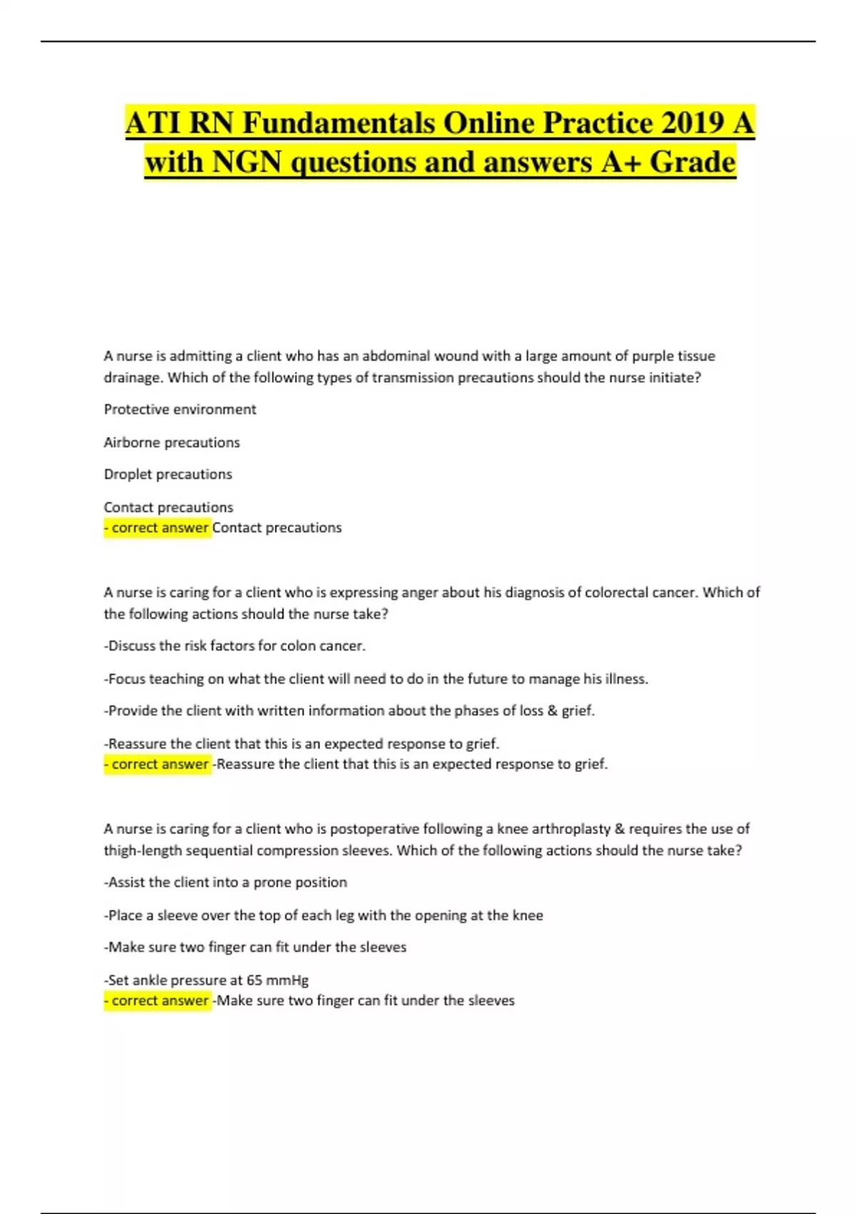 ATI RN Fundamentals Online Practice 2019 A with NGN | Latest 2025/2026 ...