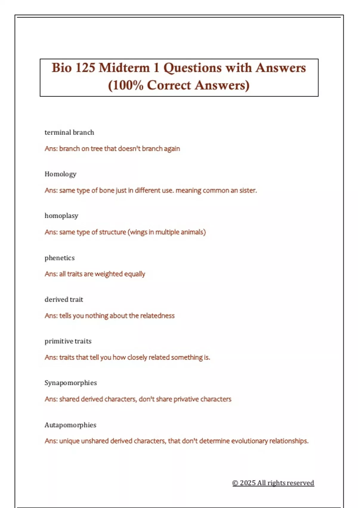 Bio 125 Midterm 1 Questions with Answers (100% Correct Answers) - BIO ...