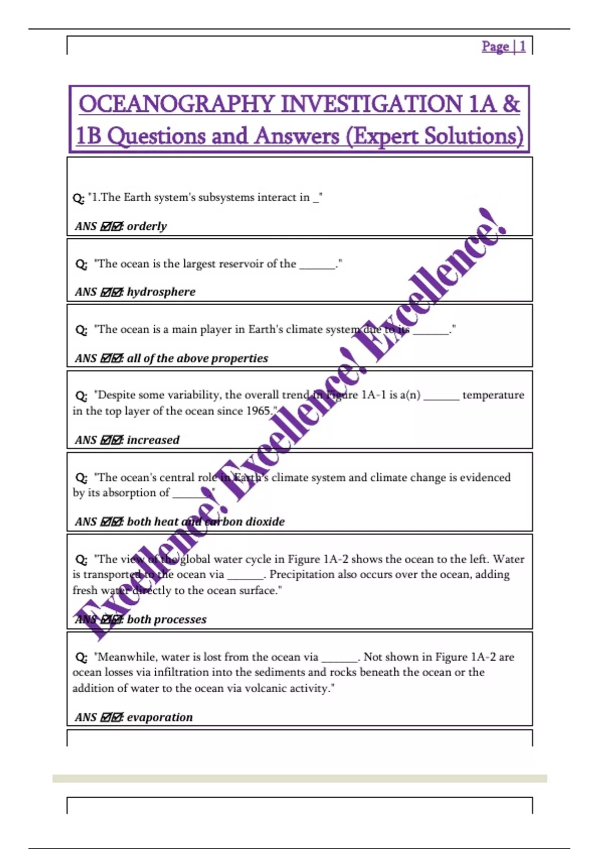 OCEANOGRAPHY INVESTIGATION 1A & 1B Questions and Answers (Expert ...