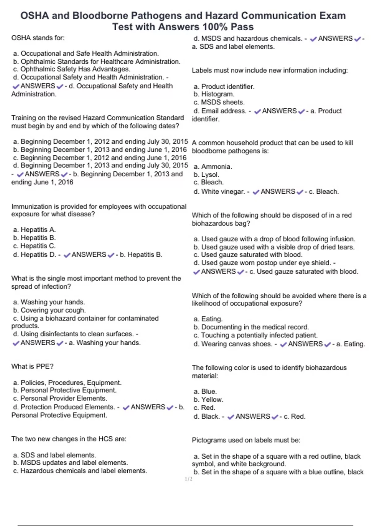 OSHA and Bloodborne Pathogens and Hazard Communication Exam Test with Answers 100% Pass - OSHA ...