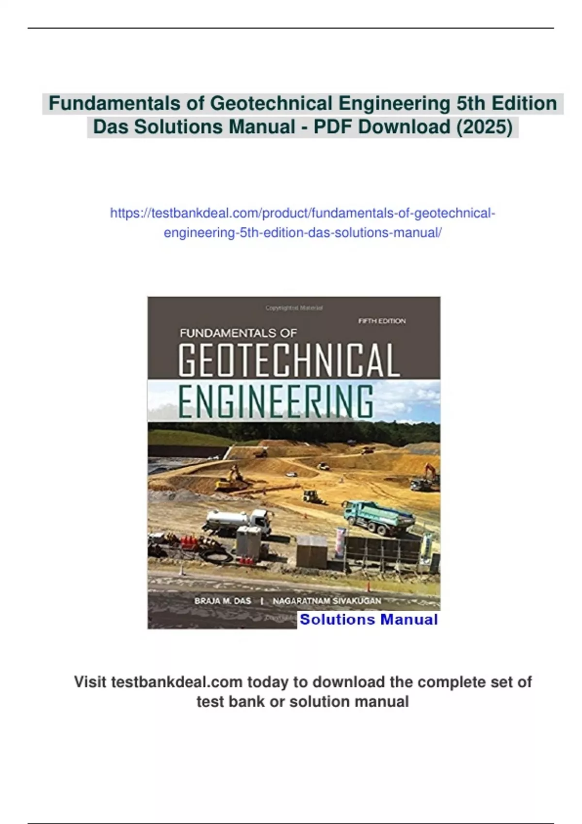 Summary Fundamentals of Geotechnical Engineering 5th Edition Das Solutions Manual - Digital ...