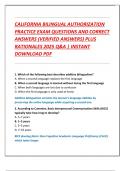 CALIFORNIA BILINGUAL AUTHORIZATION  PRACTICE EXAM QUESTIONS AND CORRECT  ANSWERS &lpar;VERIFIED ANSWERS&rpar; PLUS  RATIONALES 2025 Q&A &vert; INSTANT  DOWNLOAD PDF