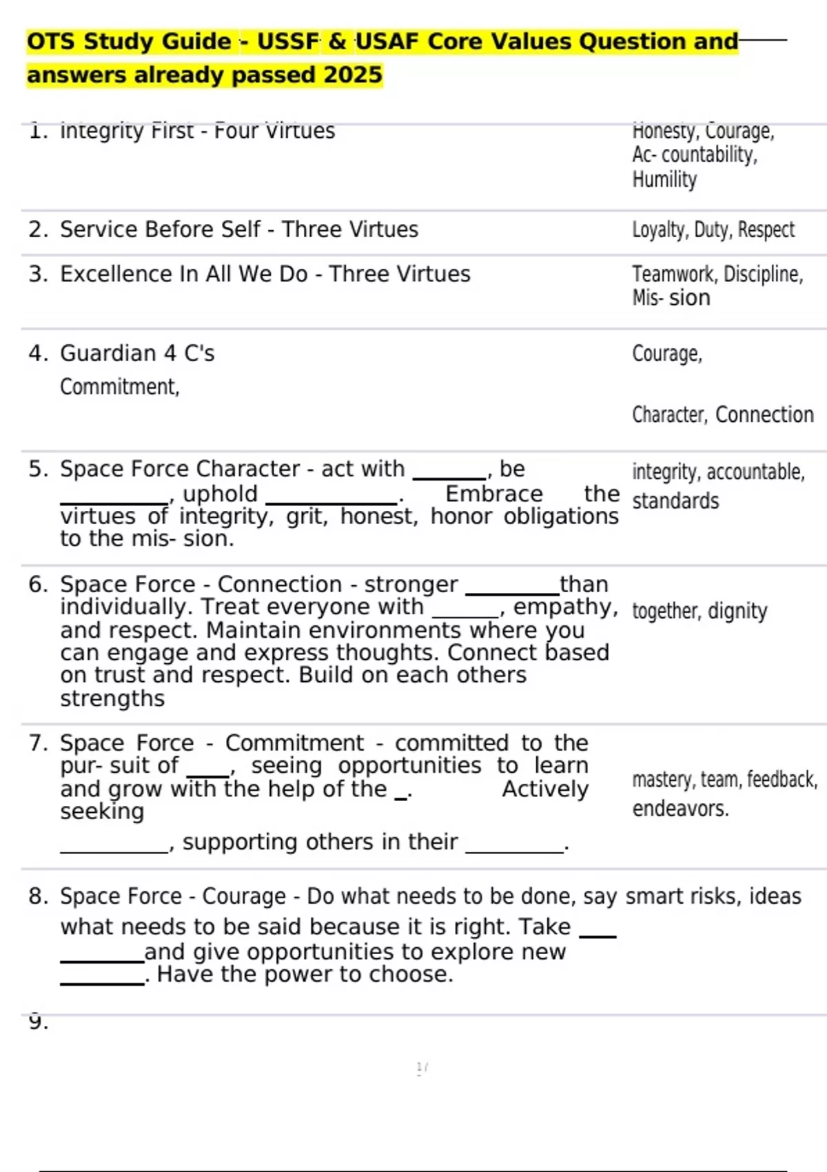 Uasf Core Values OTS Study Guide - USSF & USAF Core Values Question and answers already ...