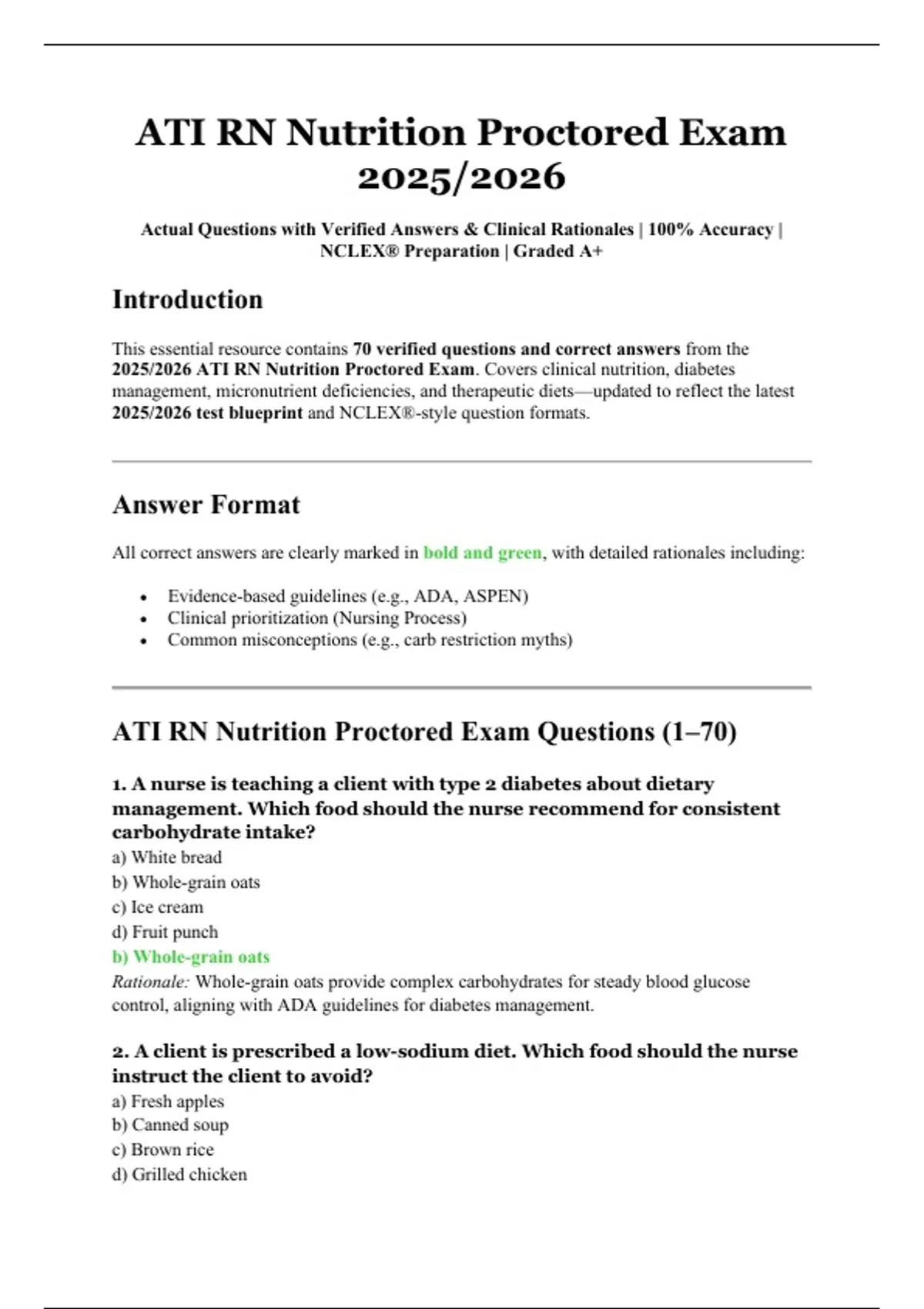 ATI RN Nutrition Proctored Exam | 2025/2026 | Actual Questions with ...
