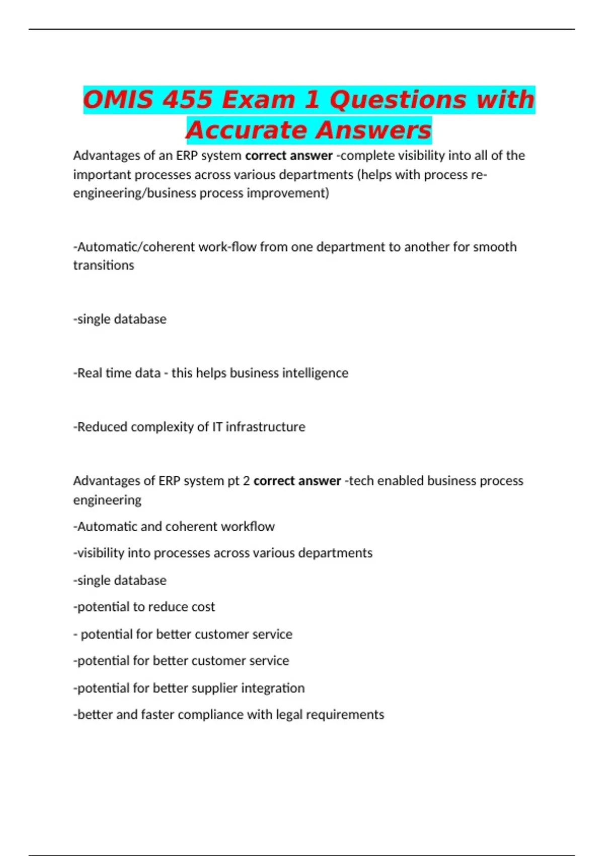 OMIS 455 Exam 1 Questions with Accurate Answers - Buisness management ...